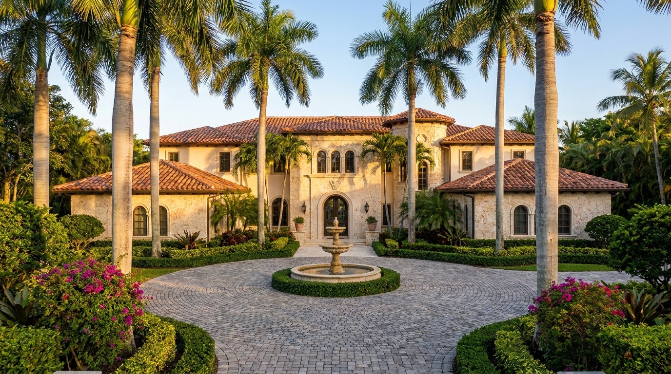 Mediterranean estate with a palm-lined fountain courtyard