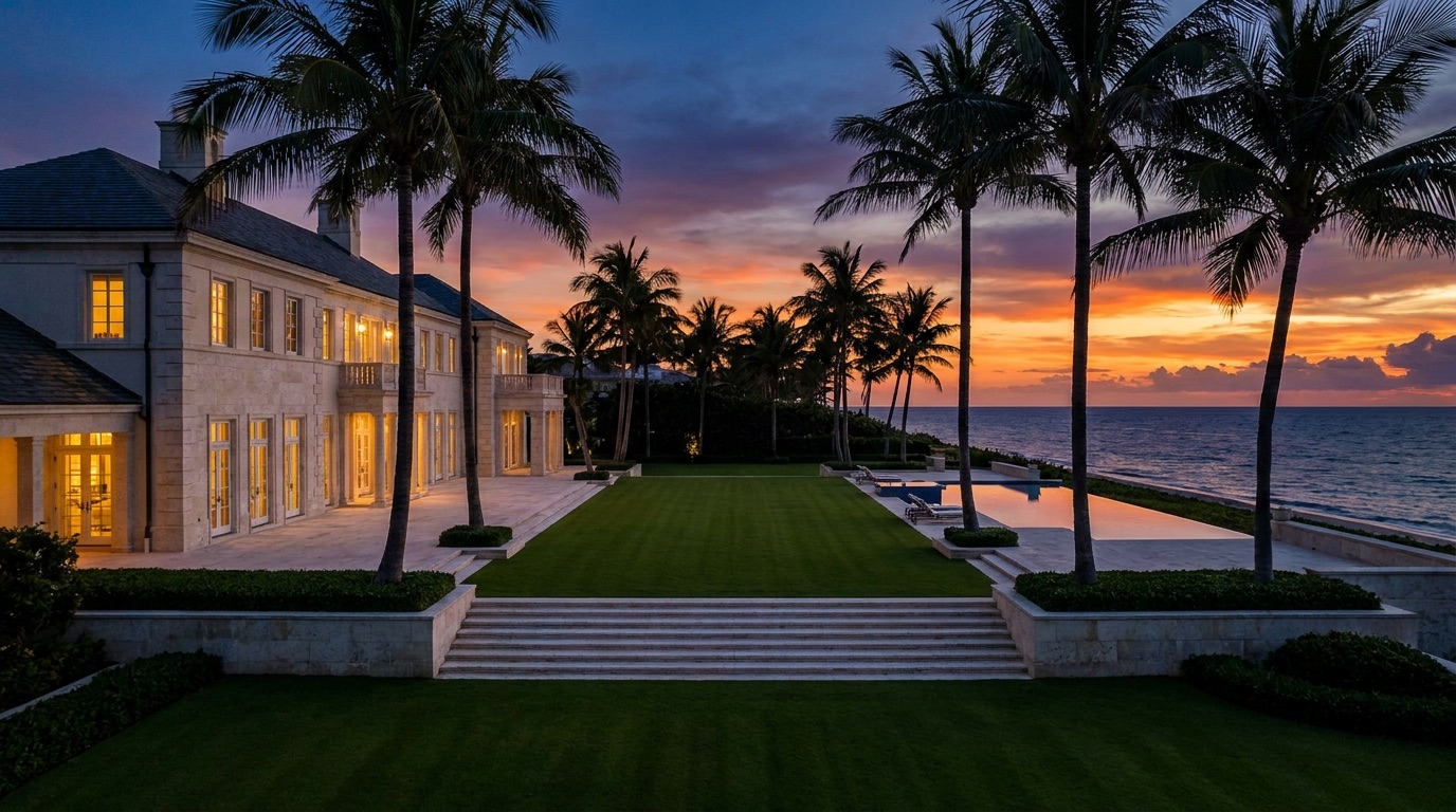Oceanfront estate lawn and infinity pool at sunset