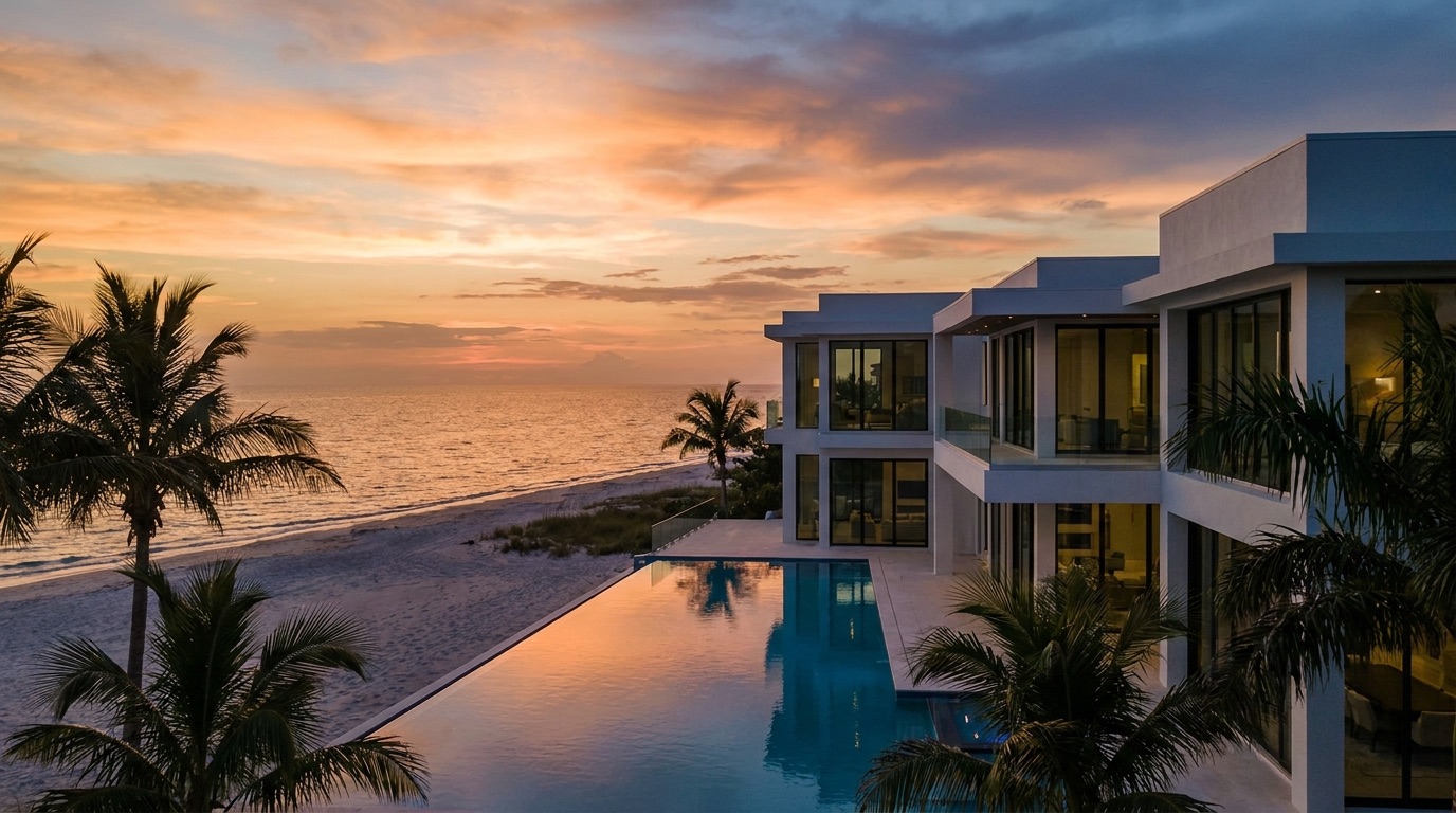 Modern beachfront home with an infinity pool at sunset