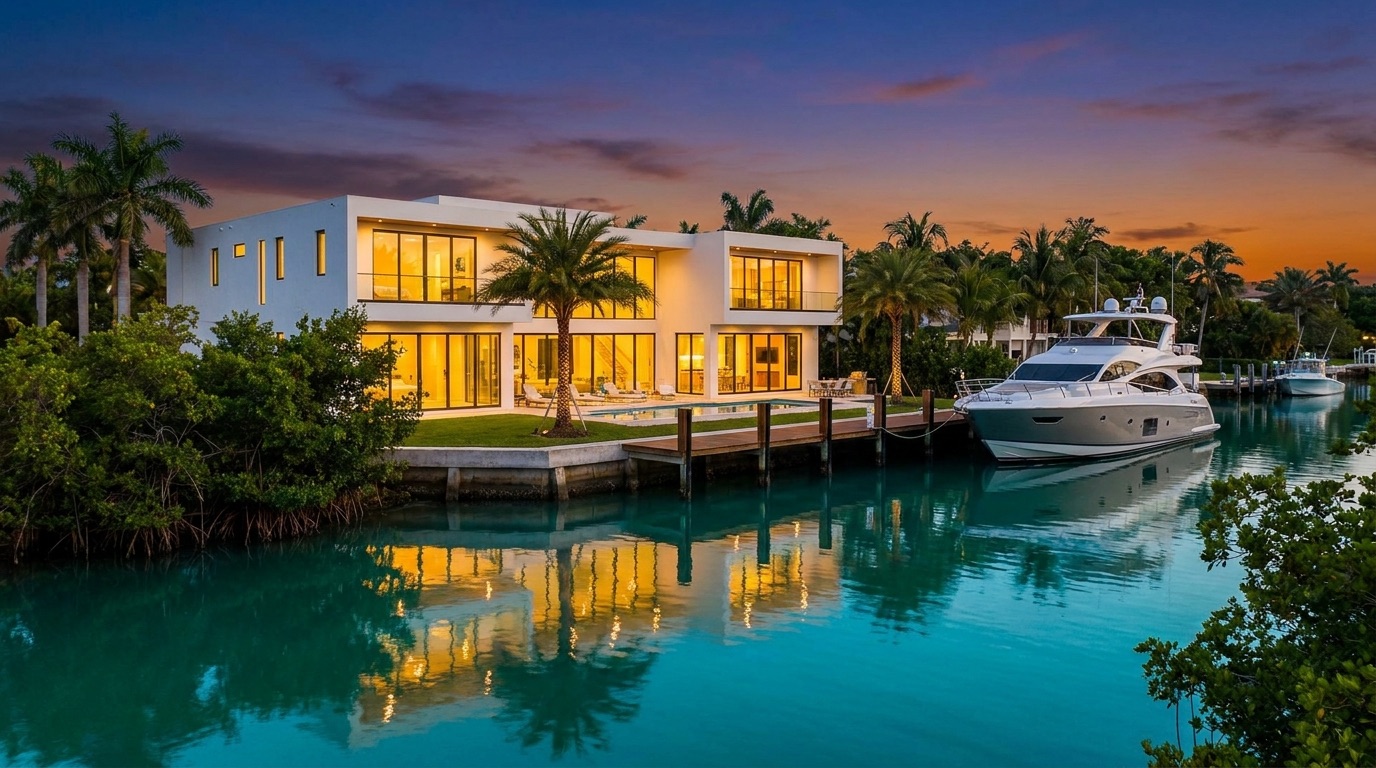 Waterfront modern home with a yacht at the dock at dusk