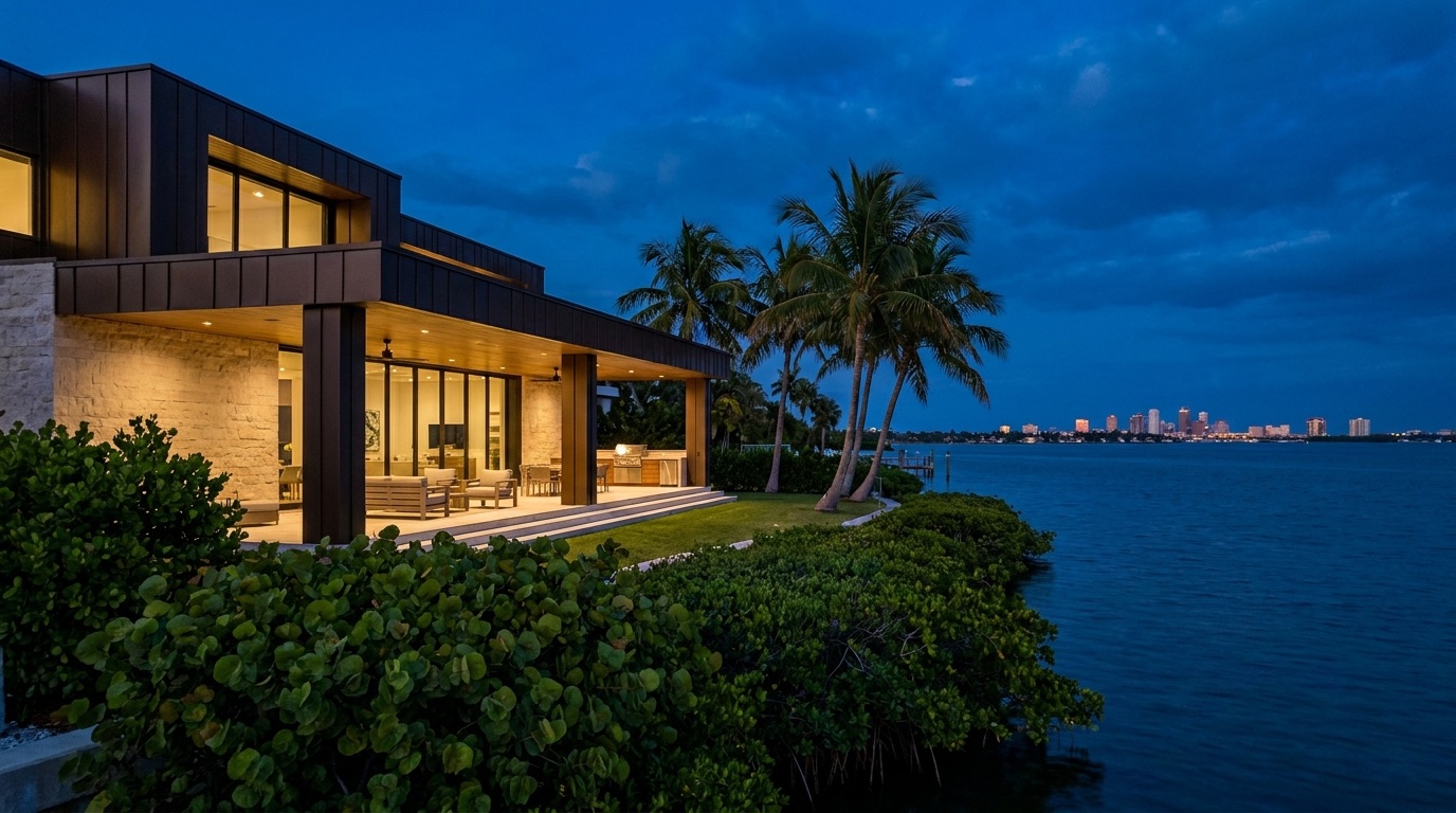 Bayside modern home with palms and a city skyline at dusk